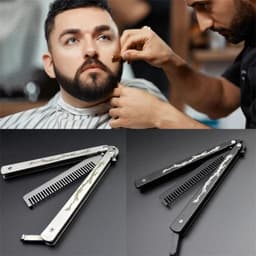 image-Foldable Comb Stainless Steel Practice Training Butterfly Knife Comb Beard Moustache Brushes Hairdressing Styling Tool