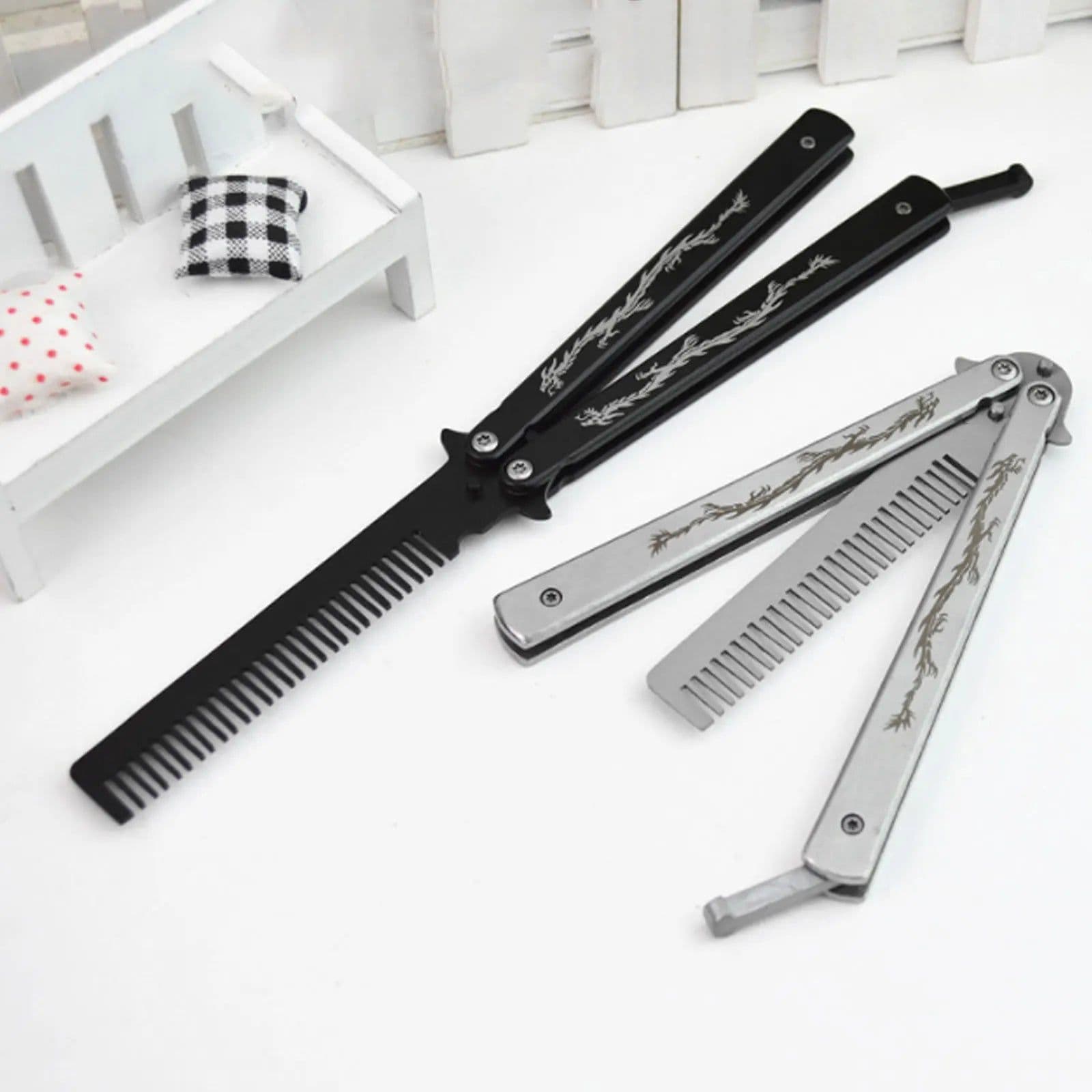 image-Foldable Comb Stainless Steel Practice Training Butterfly Knife Comb Beard Moustache Brushes Hairdressing Styling Tool