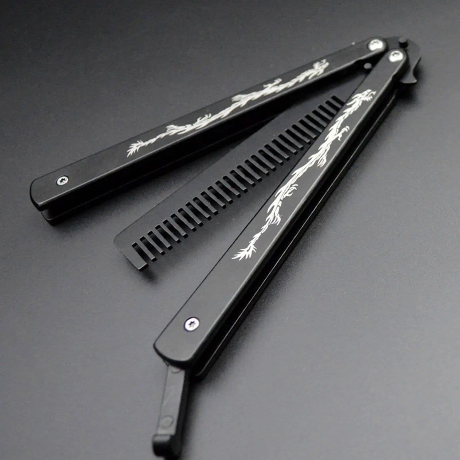 image-Foldable Comb Stainless Steel Practice Training Butterfly Knife Comb Beard Moustache Brushes Hairdressing Styling Tool