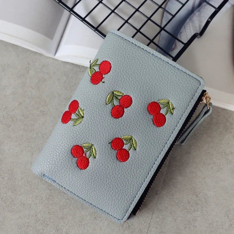 image-New Cherry Fruit Embroidery Women Purse Wallets Fashion Simple Students Wallet Small PU Leather Wallet Mini Card Holder Bags