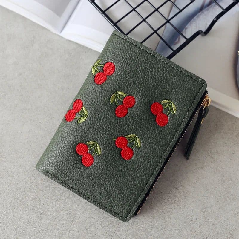 image-New Cherry Fruit Embroidery Women Purse Wallets Fashion Simple Students Wallet Small PU Leather Wallet Mini Card Holder Bags