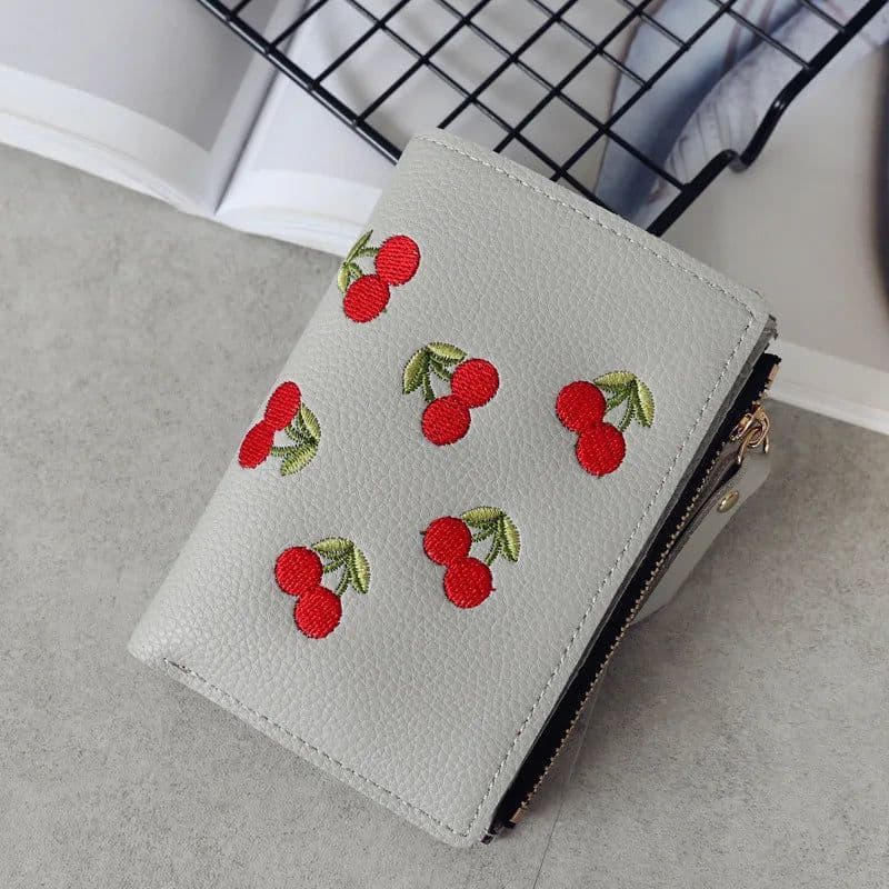 image-New Cherry Fruit Embroidery Women Purse Wallets Fashion Simple Students Wallet Small PU Leather Wallet Mini Card Holder Bags
