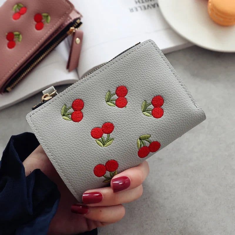 image-New Cherry Fruit Embroidery Women Purse Wallets Fashion Simple Students Wallet Small PU Leather Wallet Mini Card Holder Bags
