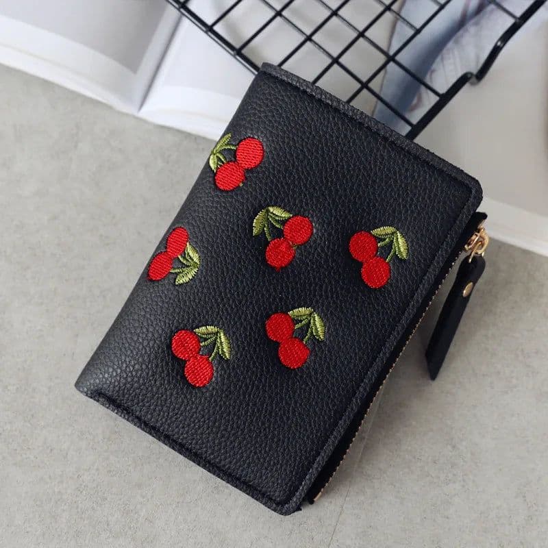 image-New Cherry Fruit Embroidery Women Purse Wallets Fashion Simple Students Wallet Small PU Leather Wallet Mini Card Holder Bags