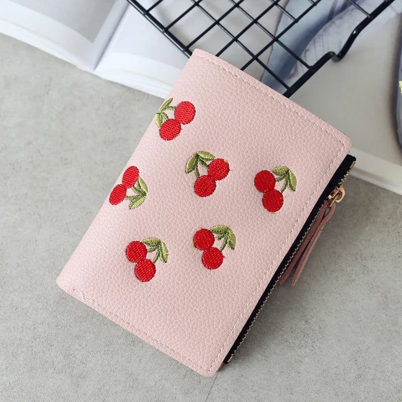 image-New Cherry Fruit Embroidery Women Purse Wallets Fashion Simple Students Wallet Small PU Leather Wallet Mini Card Holder Bags