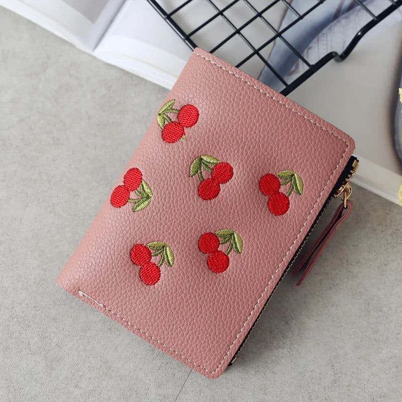 image-New Cherry Fruit Embroidery Women Purse Wallets Fashion Simple Students Wallet Small PU Leather Wallet Mini Card Holder Bags