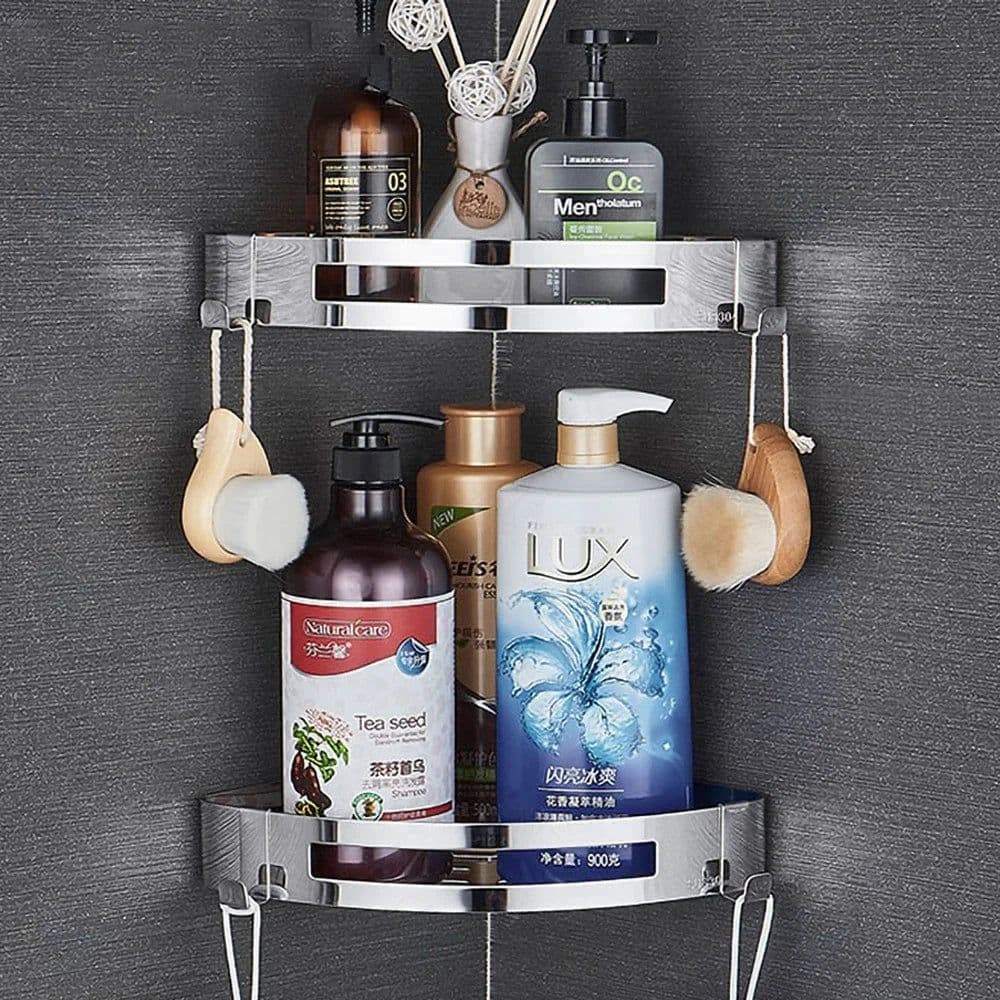 image-Corner Bathroom Shelves Shampoo Holder Wall Hooks Hanger Rack Polished Silver Stainless Steel Shower Caddy Toilet Accessories