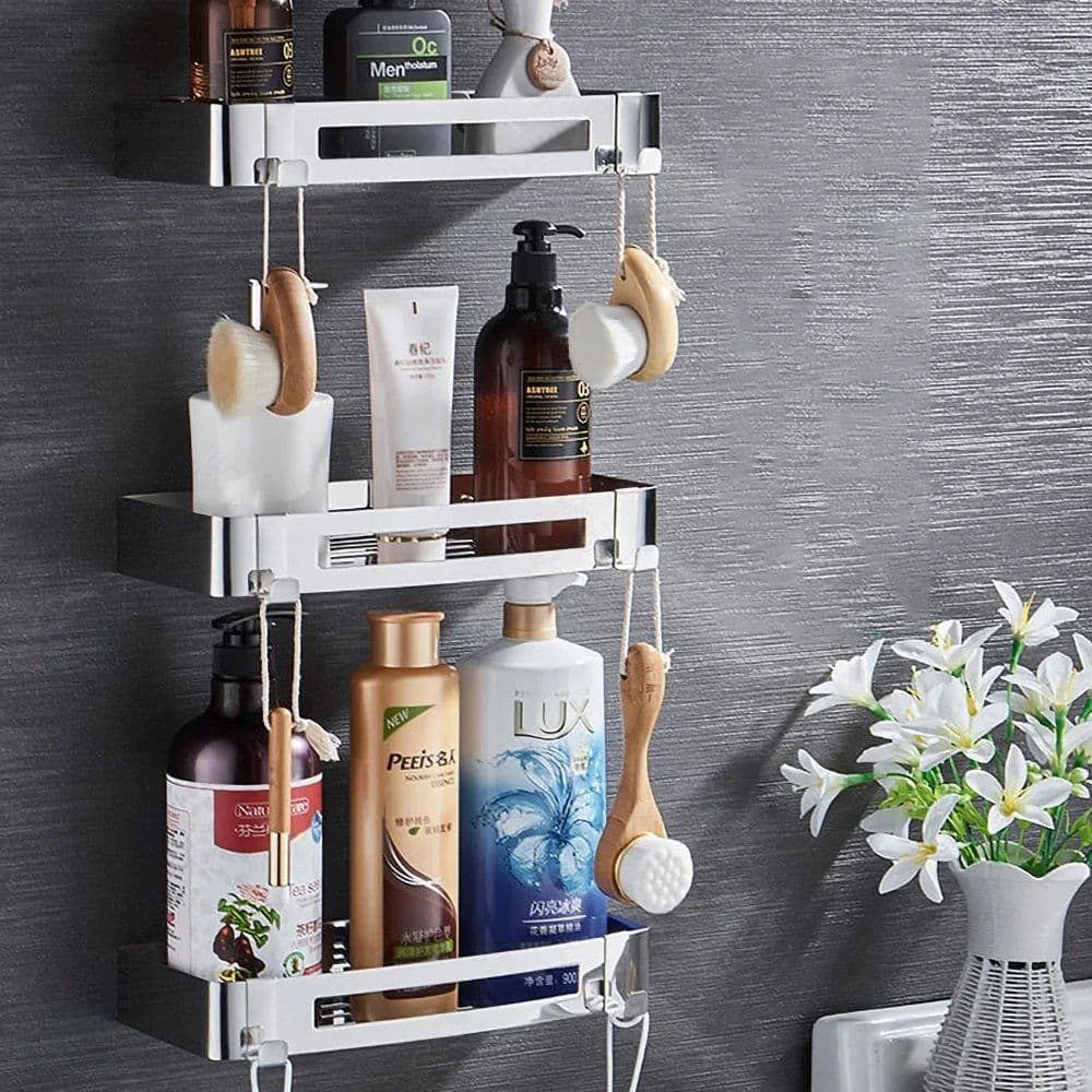image-Corner Bathroom Shelves Shampoo Holder Wall Hooks Hanger Rack Polished Silver Stainless Steel Shower Caddy Toilet Accessories