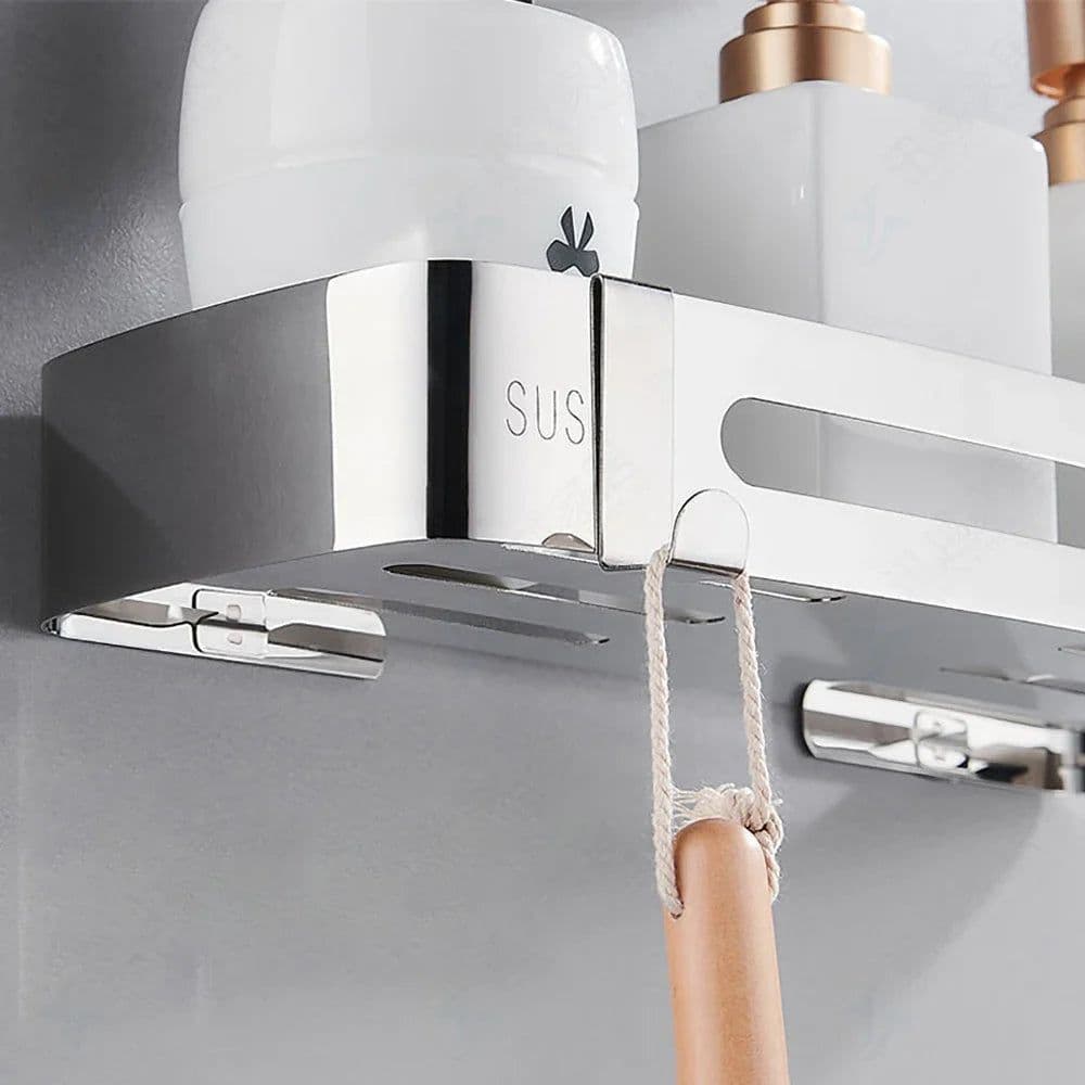 image-Corner Bathroom Shelves Shampoo Holder Wall Hooks Hanger Rack Polished Silver Stainless Steel Shower Caddy Toilet Accessories