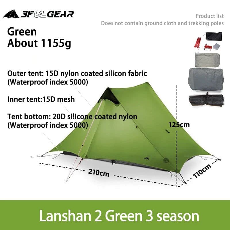 image-LanShan 2 3F UL GEAR 2 Person 1 Person Outdoor Ultralight Camping Tent 3 Season 4 Season Professional 15D Silnylon Rodless Tent