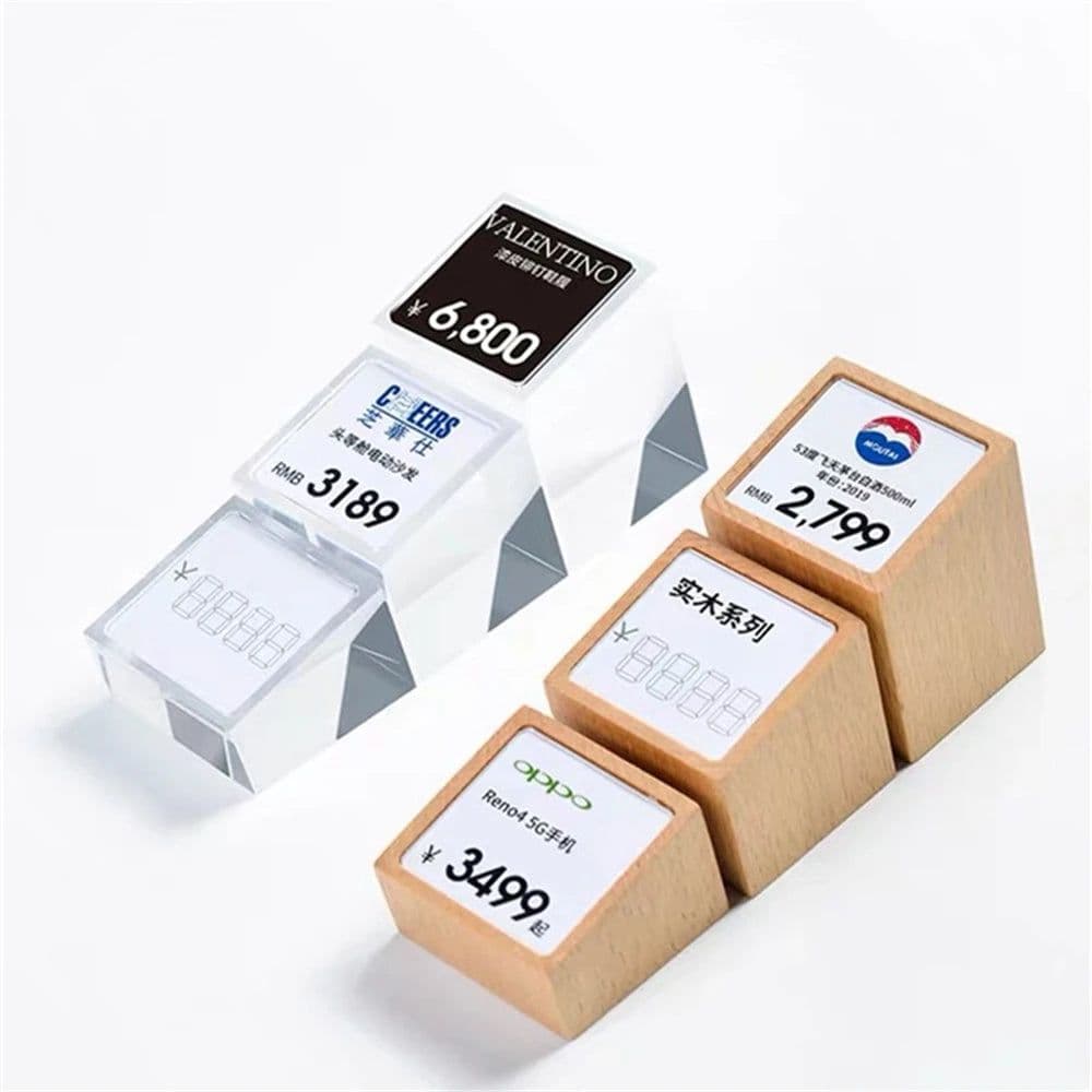 image-Acrylic Price Tag Paper Holder Display Stand Table Mini Price Cubes Jewelry Label Sign Watch Tag