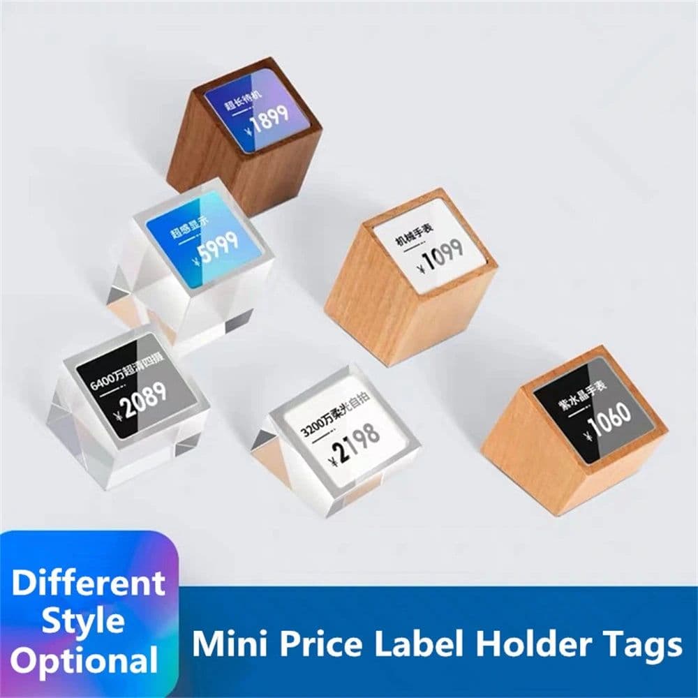 image-Acrylic Price Tag Paper Holder Display Stand Table Mini Price Cubes Jewelry Label Sign Watch Tag