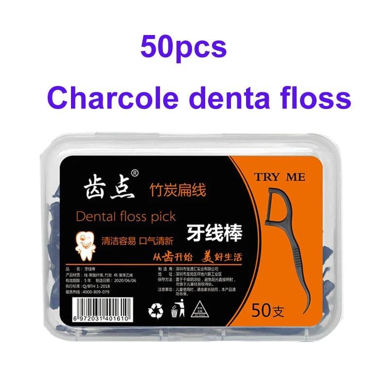 image-Flat dental floss bamboo charcoal hilo dental toothpick teeth cleaning organic dental teeth floss black teeth stick