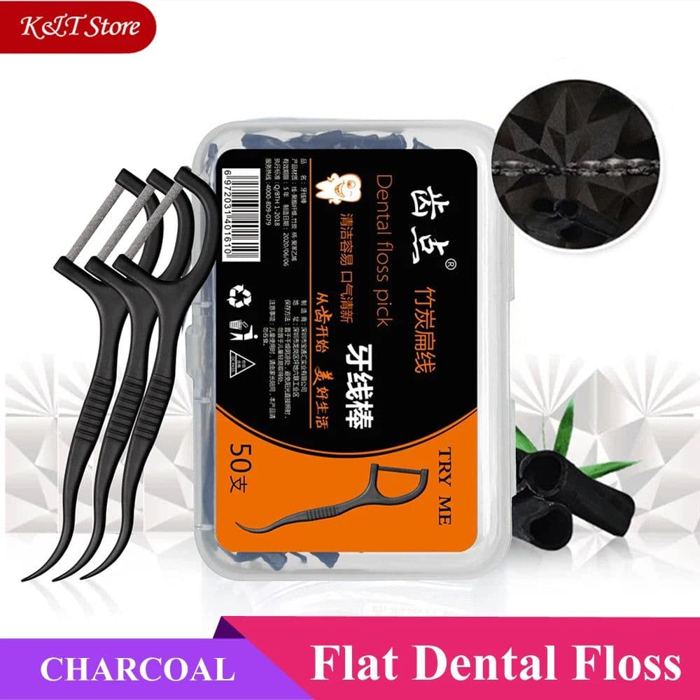 image-Flat dental floss bamboo charcoal hilo dental toothpick teeth cleaning organic dental teeth floss black teeth stick