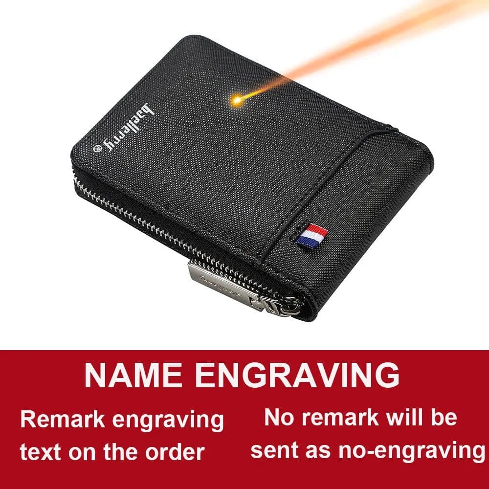 image-Baellerry Mini Men Card Wallets Name Print 9 Card Holders Zipper Card Wallet PU Leather Thin Male Card Purse Mini Carteria