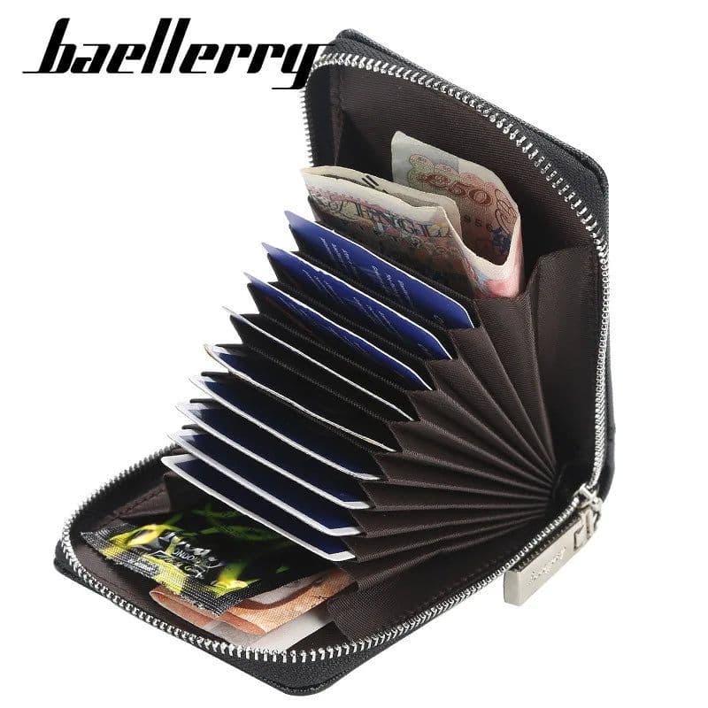 image-Baellerry Mini Men Card Wallets Name Print 9 Card Holders Zipper Card Wallet PU Leather Thin Male Card Purse Mini Carteria