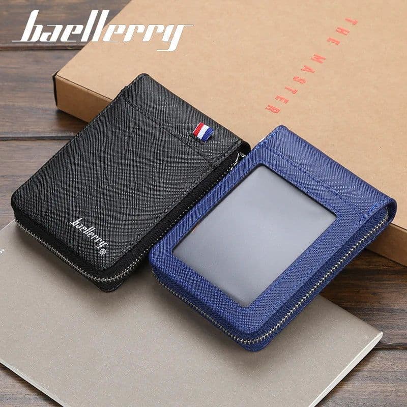 image-Baellerry Mini Men Card Wallets Name Print 9 Card Holders Zipper Card Wallet PU Leather Thin Male Card Purse Mini Carteria