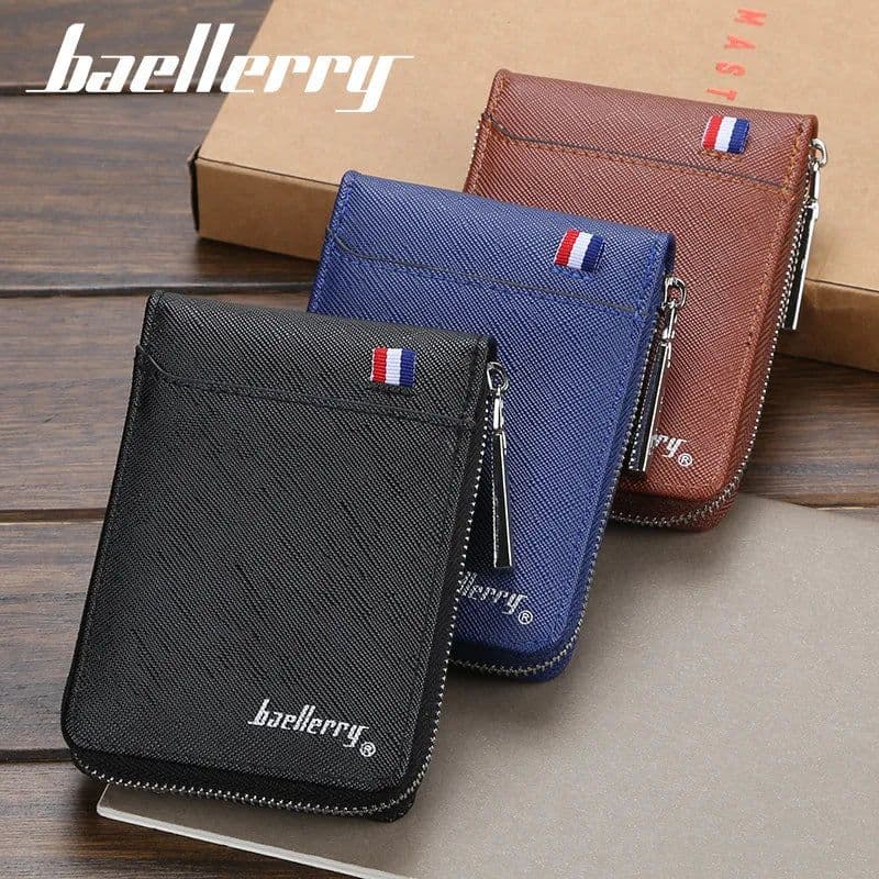 image-Baellerry Mini Men Card Wallets Name Print 9 Card Holders Zipper Card Wallet PU Leather Thin Male Card Purse Mini Carteria