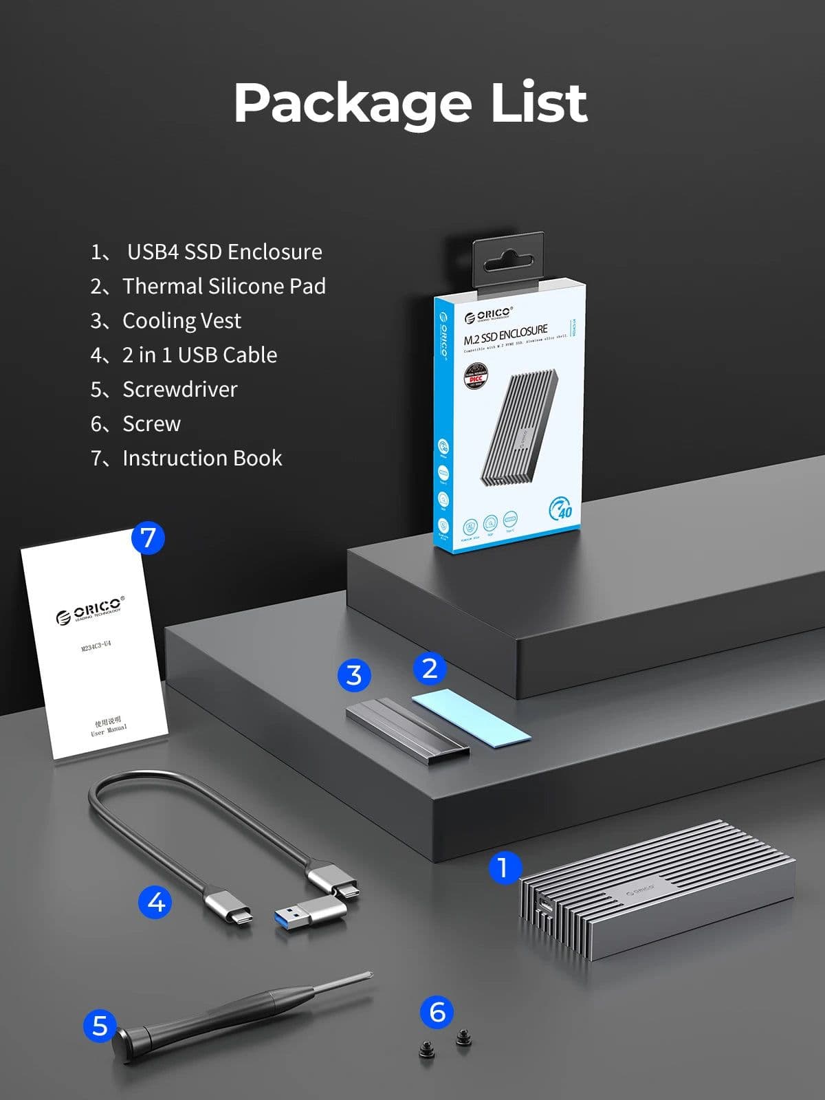 image-ORICO USB4 NVMe M.2 SSD Enclosure 40Gbps PCIe3.0x4 Aluminum M2 External Case Compatible with Thunderbolt 3/4 USB3.2/3.1/3.0