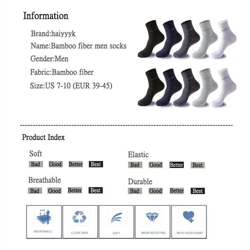 image-10 Pairs / Lot Bamboo Fiber Socks Men Casual Business Anti-Bacterial Breatheable Men's Crew Socks High Quality Guarantee Sock