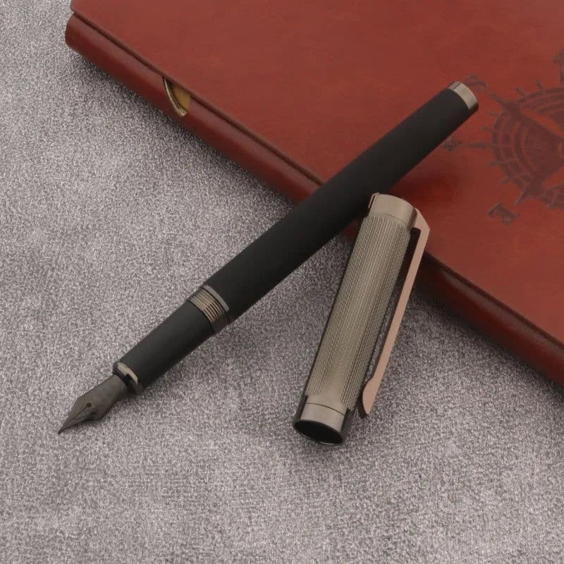 image-Luxury Frosted Leather Fountain Pen EF Black Nib Gun Grey Business Office School Supplies Writing Ink Pen