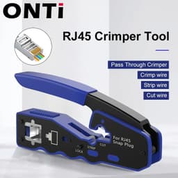 image-ONTi RJ45 Pass Through Crimper Tool and Rj45 Connector, Ethernet Crimper Crimping Tool Wire Stripper Cutter for Cat6a Cat5