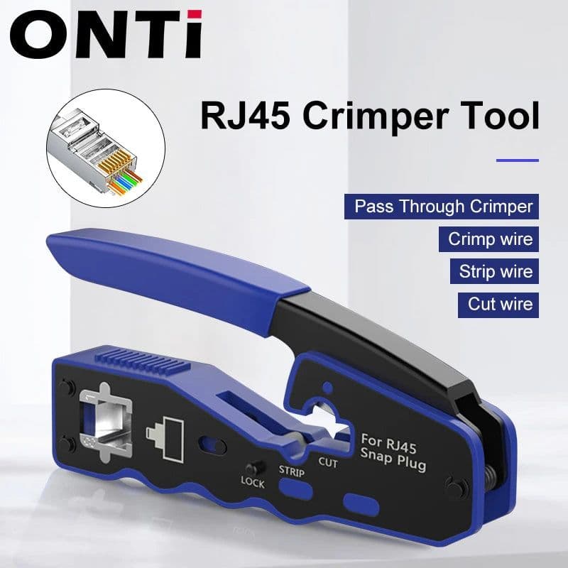 image-ONTi RJ45 Pass Through Crimper Tool and Rj45 Connector, Ethernet Crimper Crimping Tool Wire Stripper Cutter for Cat6a Cat5