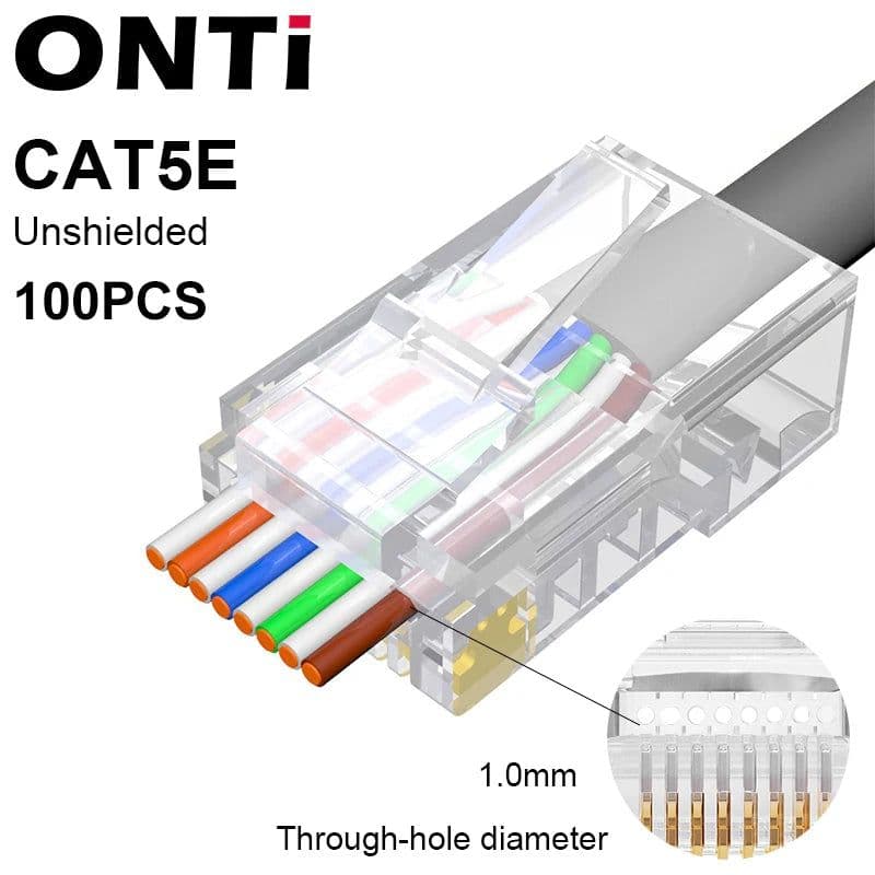image-ONTi RJ45 Pass Through Crimper Tool and Rj45 Connector, Ethernet Crimper Crimping Tool Wire Stripper Cutter for Cat6a Cat5