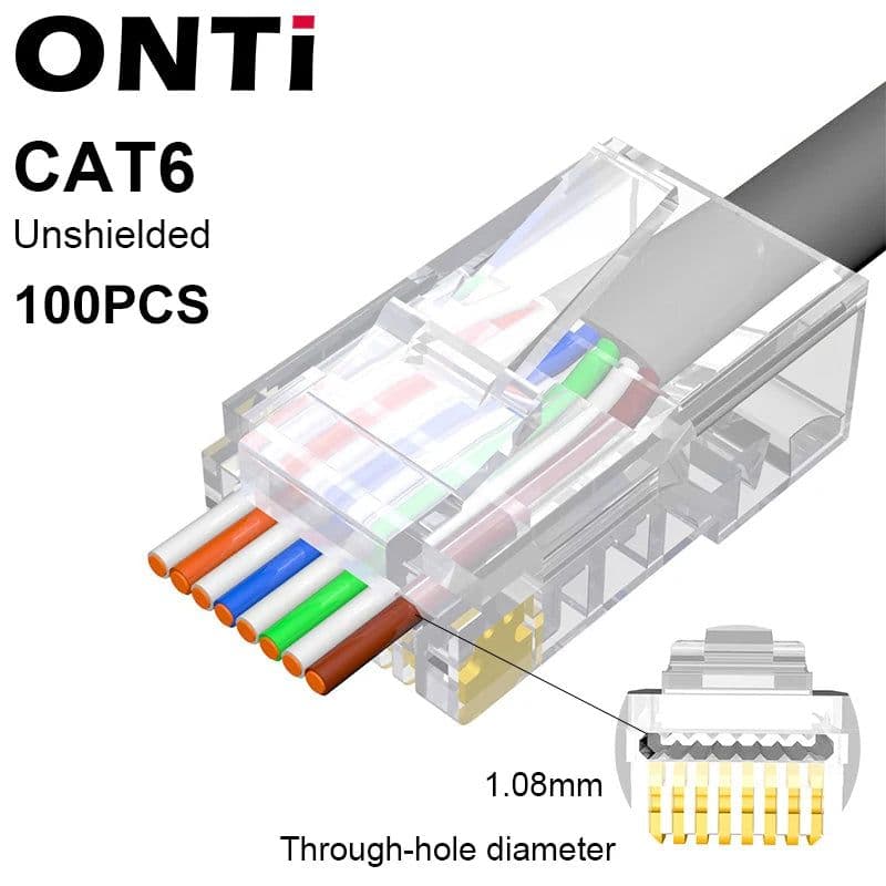 image-ONTi RJ45 Pass Through Crimper Tool and Rj45 Connector, Ethernet Crimper Crimping Tool Wire Stripper Cutter for Cat6a Cat5