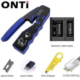 image-ONTi RJ45 Pass Through Crimper Tool and Rj45 Connector, Ethernet Crimper Crimping Tool Wire Stripper Cutter for Cat6a Cat5