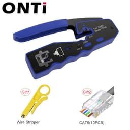 image-ONTi RJ45 Pass Through Crimper Tool and Rj45 Connector, Ethernet Crimper Crimping Tool Wire Stripper Cutter for Cat6a Cat5