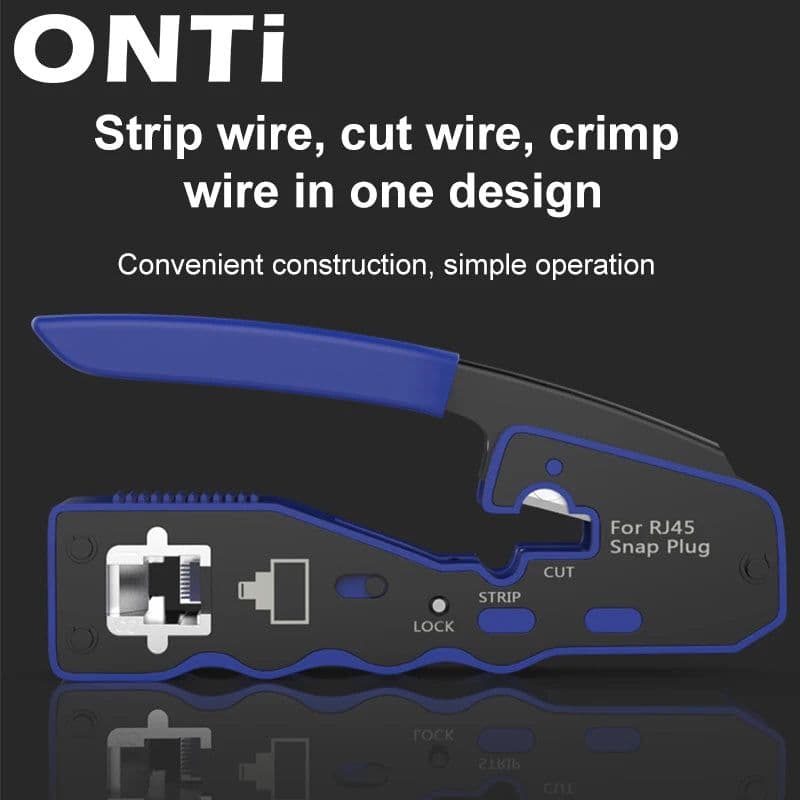 image-ONTi RJ45 Pass Through Crimper Tool and Rj45 Connector, Ethernet Crimper Crimping Tool Wire Stripper Cutter for Cat6a Cat5