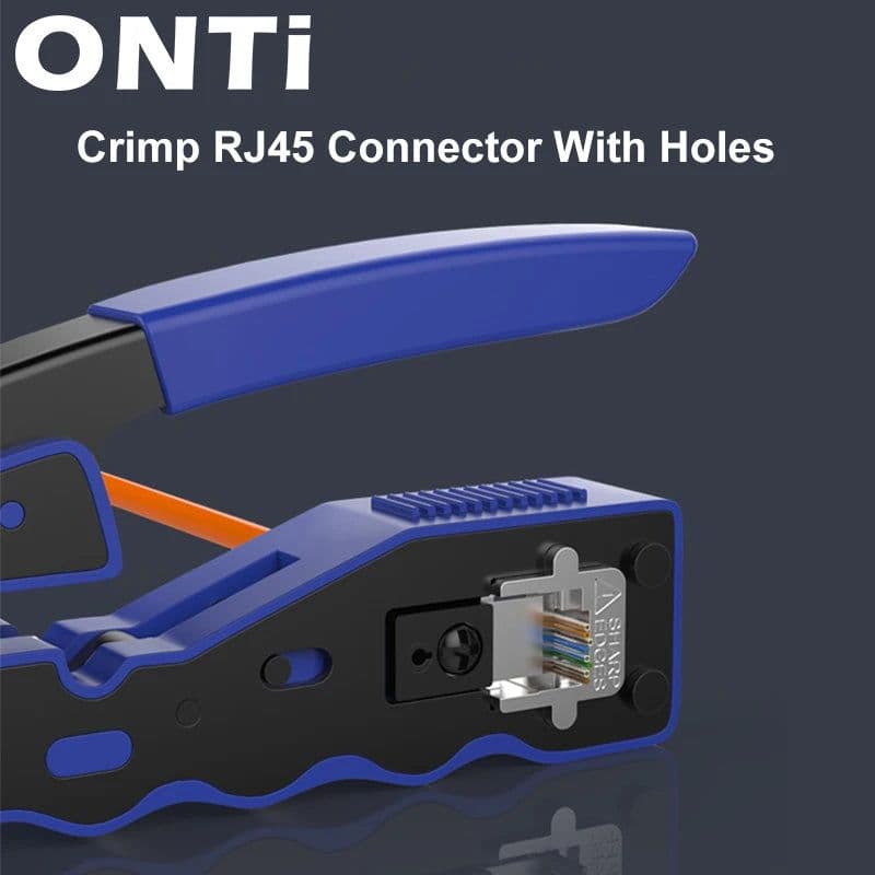 image-ONTi RJ45 Pass Through Crimper Tool and Rj45 Connector, Ethernet Crimper Crimping Tool Wire Stripper Cutter for Cat6a Cat5
