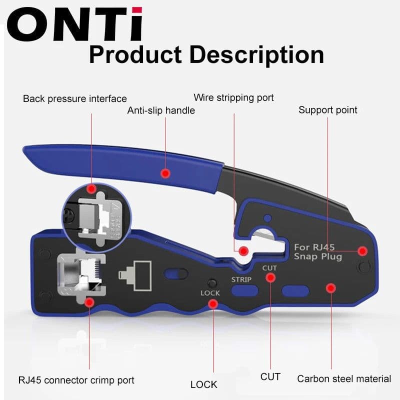 image-ONTi RJ45 Pass Through Crimper Tool and Rj45 Connector, Ethernet Crimper Crimping Tool Wire Stripper Cutter for Cat6a Cat5