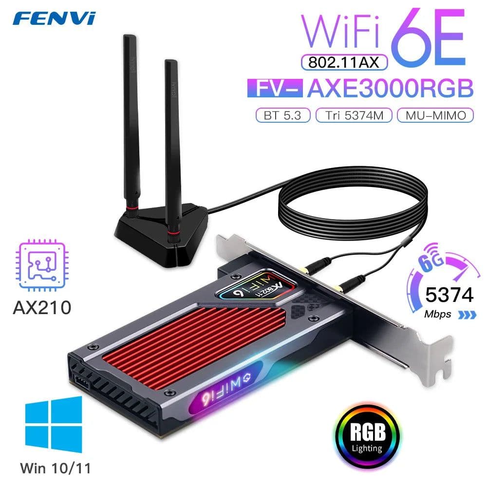 image-Fenvi FV-AXE3000 Wi-Fi 6E AX210 Bluetooth 5.3 Wireless 5374Mbps 2.4G/5GHz/6G WiFi 802.11AX/AC PCIExpress Network Card Adapter PC