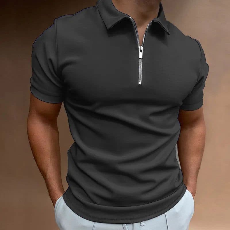 image-Summer Men's Solid Color Polo Shirt Short Sleeve Turn-Down Collar Zipper Tshirts &for Men Casual Streetwear New Male Tops