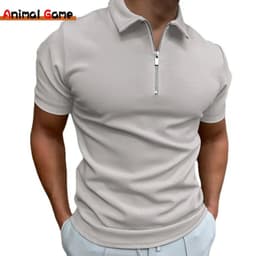 image-Summer Men's Solid Color Polo Shirt Short Sleeve Turn-Down Collar Zipper Tshirts &for Men Casual Streetwear New Male Tops