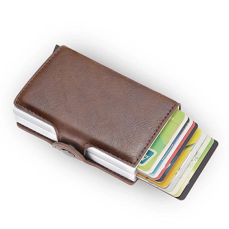 image-RFID Blocking Men Wallet Credit Card Holder Leather Card Wallet Double Metal Box ID Card Holder Money Clip Purse New 2023