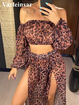 image-2024 Leopard Off Shoulder Long Sleeve 2 Pieces Set Beach Cover Up Cover-ups Beach Dress Beach Wear Beachwear Female Women V3728
