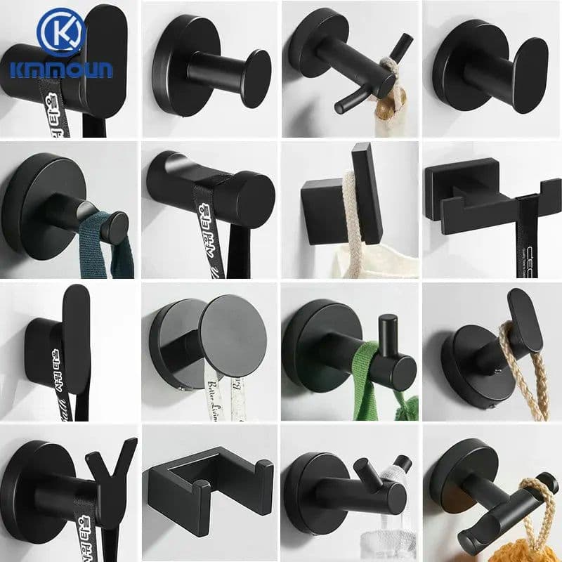 image-Black Painted Stainless Steel Clothes Hook Wall Mounted Towel Hook Bathroom Hardware Robe Hook
