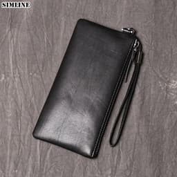 image-SIMLINE Genuine Leather Wallet For Men Male Real Cowhide Men's Long Zipper Slim Clutch Wallets Purse With Card Holder Phone Bag