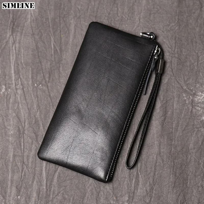 image-SIMLINE Genuine Leather Wallet For Men Male Real Cowhide Men's Long Zipper Slim Clutch Wallets Purse With Card Holder Phone Bag