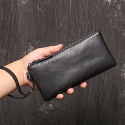 image-SIMLINE Genuine Leather Wallet For Men Male Real Cowhide Men's Long Zipper Slim Clutch Wallets Purse With Card Holder Phone Bag
