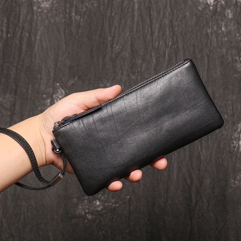 image-SIMLINE Genuine Leather Wallet For Men Male Real Cowhide Men's Long Zipper Slim Clutch Wallets Purse With Card Holder Phone Bag