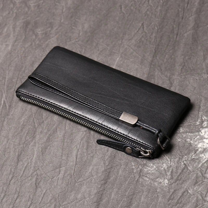 image-SIMLINE Genuine Leather Wallet For Men Male Real Cowhide Men's Long Zipper Slim Clutch Wallets Purse With Card Holder Phone Bag