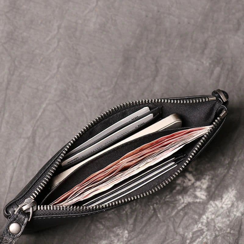 image-SIMLINE Genuine Leather Wallet For Men Male Real Cowhide Men's Long Zipper Slim Clutch Wallets Purse With Card Holder Phone Bag