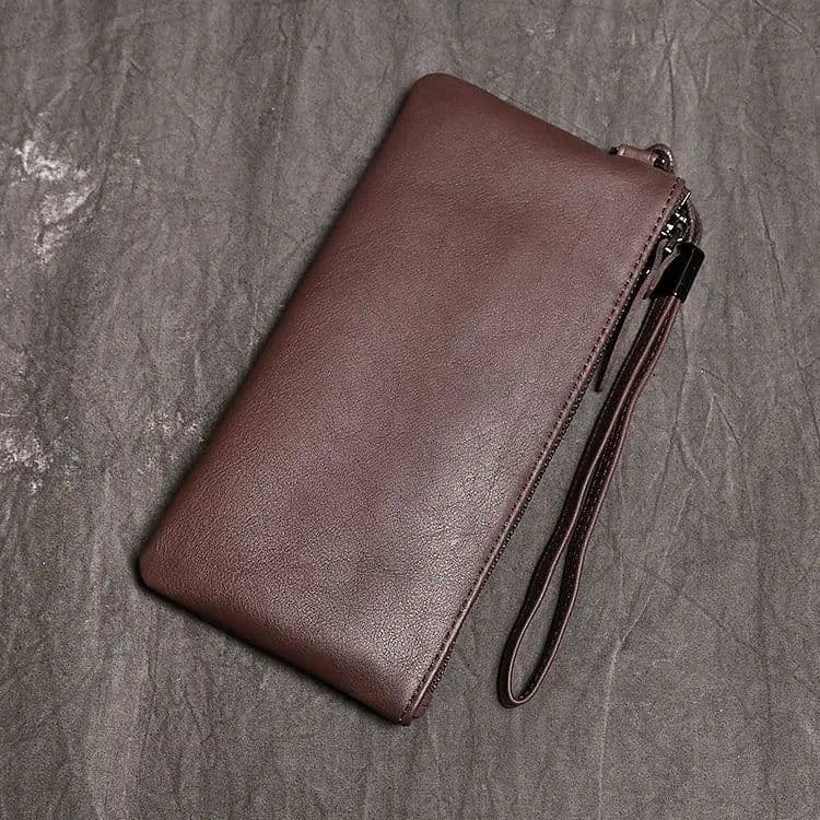 image-SIMLINE Genuine Leather Wallet For Men Male Real Cowhide Men's Long Zipper Slim Clutch Wallets Purse With Card Holder Phone Bag