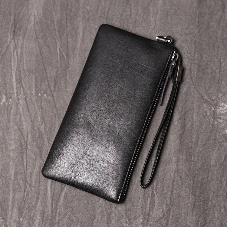 image-SIMLINE Genuine Leather Wallet For Men Male Real Cowhide Men's Long Zipper Slim Clutch Wallets Purse With Card Holder Phone Bag