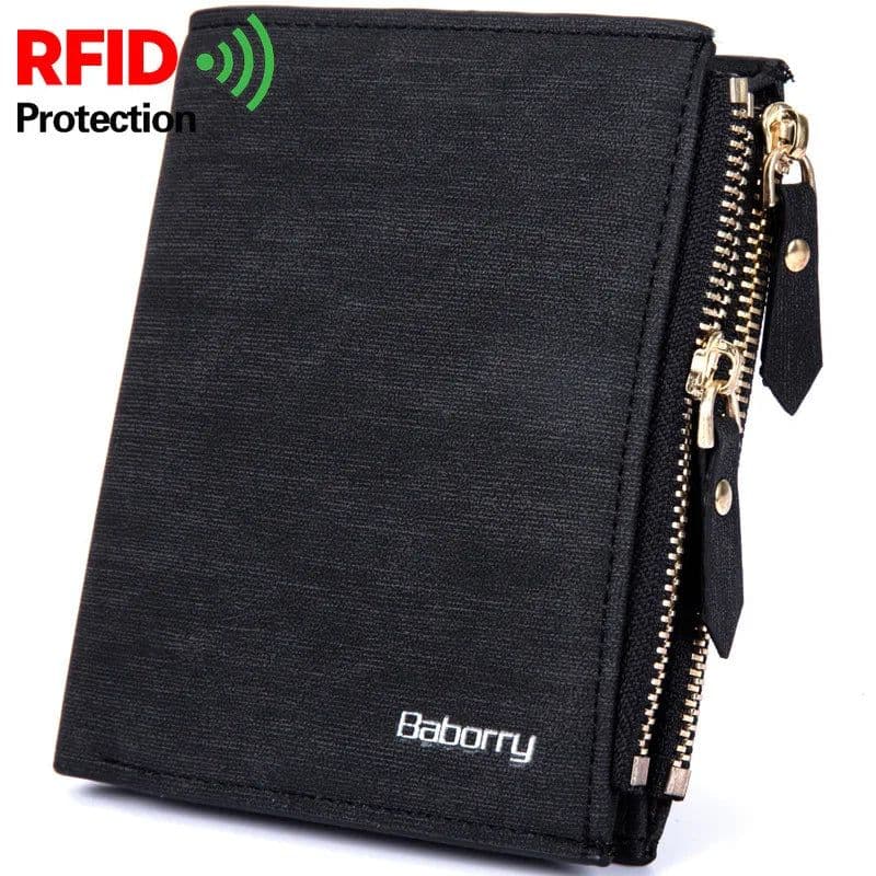 image-RFID Protect Men Wallet Vintage Solid Soft PU Coin Purse Card Holder Short Wallets with Zippers Design Short Luxury Men's Purses