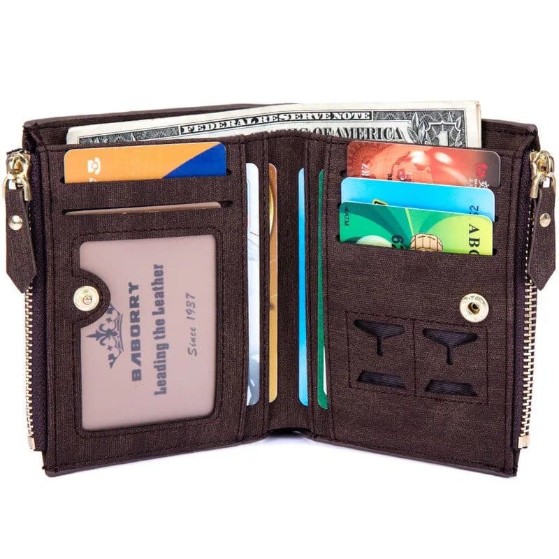 image-RFID Protect Men Wallet Vintage Solid Soft PU Coin Purse Card Holder Short Wallets with Zippers Design Short Luxury Men's Purses